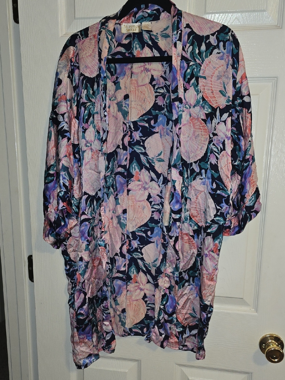 Victoria's Secret Navy Floral Satin Robe with Pink & Lavender Print